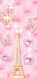 Romantic Eiffel Tower wallpaper with butterflies and hearts in pink theme.