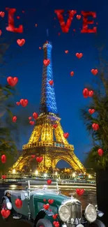 Romantic Eiffel Tower with Love hearts and a vintage car.