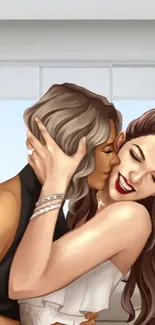 Artistic depiction of a romantic embrace with two individuals in warm tones.