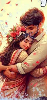 Romantic couple embracing with floral design.