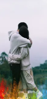 Couple embracing in misty field with vibrant color accents.