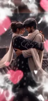 Romantic couple embracing with hearts in background.