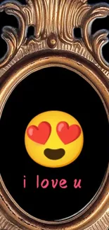 Heart-eye emoji in ornate mirror with 'i love u' message.