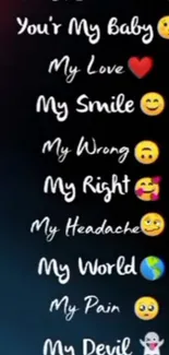 Romantic mobile wallpaper with text and emojis on a dark background.