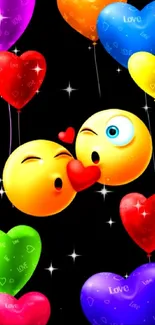 Kissing emoticons surrounded by vibrant heart balloons on black background.