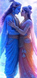 Ethereal couple in vibrant colors, embracing romantically.