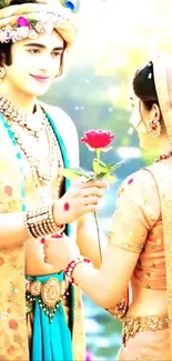 Romantic couple in traditional attire holding a rose.