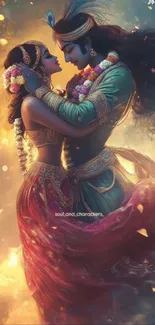 Romantic couple in a fantasy setting with vibrant colors.