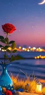 Red rose in blue vase under crescent moon on starry evening.