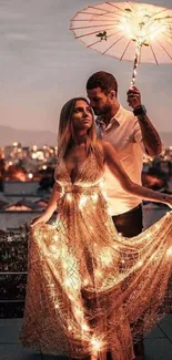 Couple under a glowing umbrella with city lights in the background.