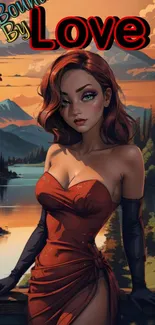 Elegant woman by a serene lake at sunset, exuding romantic and scenic beauty.