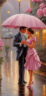 Romantic couple under pink umbrella in elegant art scene.