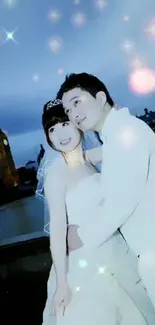 Romantic wedding couple under blue sky with glowing lights in evening cityscape.