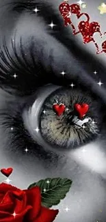 Close-up of an eye with red roses and hearts mobile wallpaper.