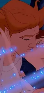 Romantic animated kiss with magical sparkles and dark blue background.