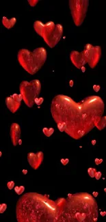 Mobile wallpaper with cascading red hearts on a dark background.