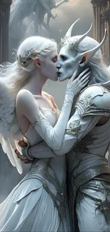 A romantic fantasy wallpaper depicting an angelic couple embracing.