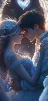 Ethereal couple embracing with wings under glowing heart.