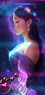 Romantic couple embrace in fantasy artwork with vivid colors.