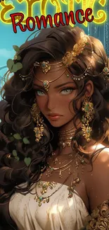 Elegant fantasy character with ornate jewelry in a mystical setting.