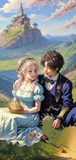 Romantic couple in fantasy setting with castle view.