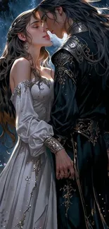 Artistic illustration of a romantic couple in a fantasy setting under the moonlight.