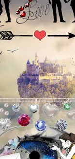 Romantic fantasy wallpaper with silhouettes, hearts, and a dreamy castle.