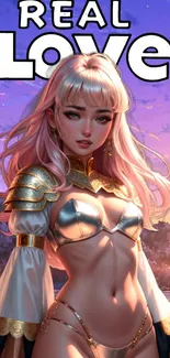 Fantasy girl in armor with sunset background.