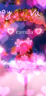 Romantic scene with vibrant pink hearts and glowing lights in a fantasy setting.