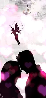 Silhouette of a couple with a fairy and hearts in a light pink fantasy setting.