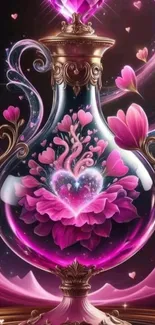 Fantasy vase with pink floral heart art and swirling patterns.