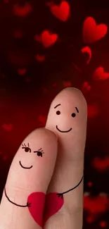 Romantic finger art with hearts on red background wallpaper.