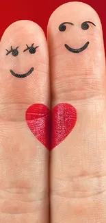 Cute finger art on red background with heart for mobile wallpaper.