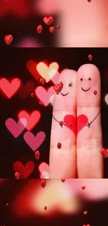 Romantic fingers with smiling faces and hearts in red and black theme.