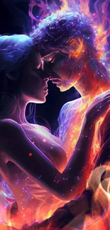 A fiery, romantic couple embraces against a vibrant, contrasting background.