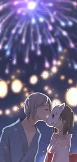 Anime couple kissing under fireworks with glowing lights backdrop.