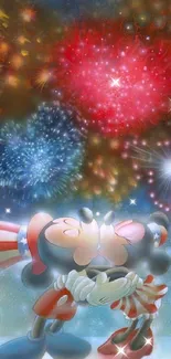 Romantic couple kissing under fireworks display.