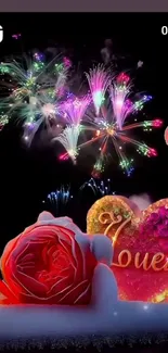 Romantic heart and rose with vibrant fireworks in a mobile wallpaper.