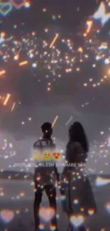 Couple silhouetted against fireworks in the night sky.