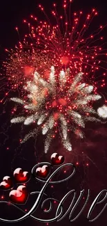 Romantic red fireworks with 'Love' text and heart accents.