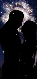 Silhouette of couple under fireworks in a starry night sky.