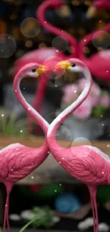 Two flamingos forming a heart with their necks in a vibrant pink display.