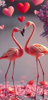 Two flamingos with hearts and pink blossoms background.