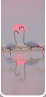 Two flamingos in sunset reflection, surrounded by pink hues.