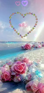 Romantic beach wallpaper with pink roses and a heart-shaped sky design.