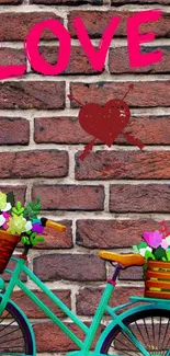 Romantic wallpaper with bike and flowers on brick wall.