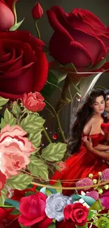 Romantic wallpaper with roses and embracing couple in red attire.