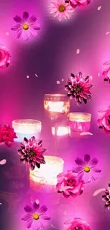 Romantic phone wallpaper with pink roses and candles.