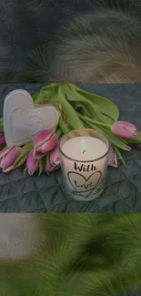 Romantic wallpaper with candle and tulips