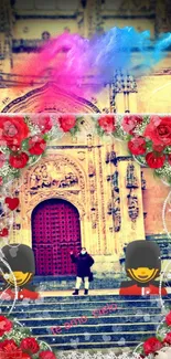 Romantic wallpaper with roses and castle facade for mobile screen.